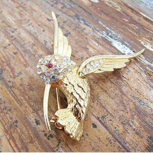 Vintage Hummingbird Brooch Pin Rhinestones Clear Red Crystal Gold Tone 1.75x1.5"